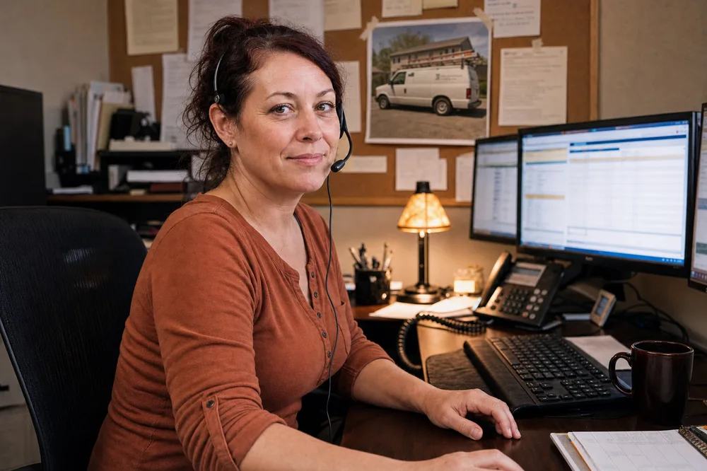 The Wirewoman at her desk; pinned to her corkboard is a photo of the electrician's work van, a two-person company