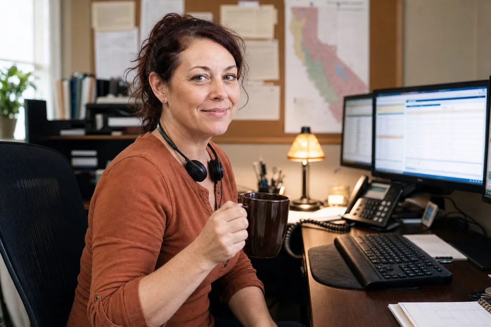 The Wirewoman turning toward the camera with a warm smile, headset resting around her neck, mug in hand
