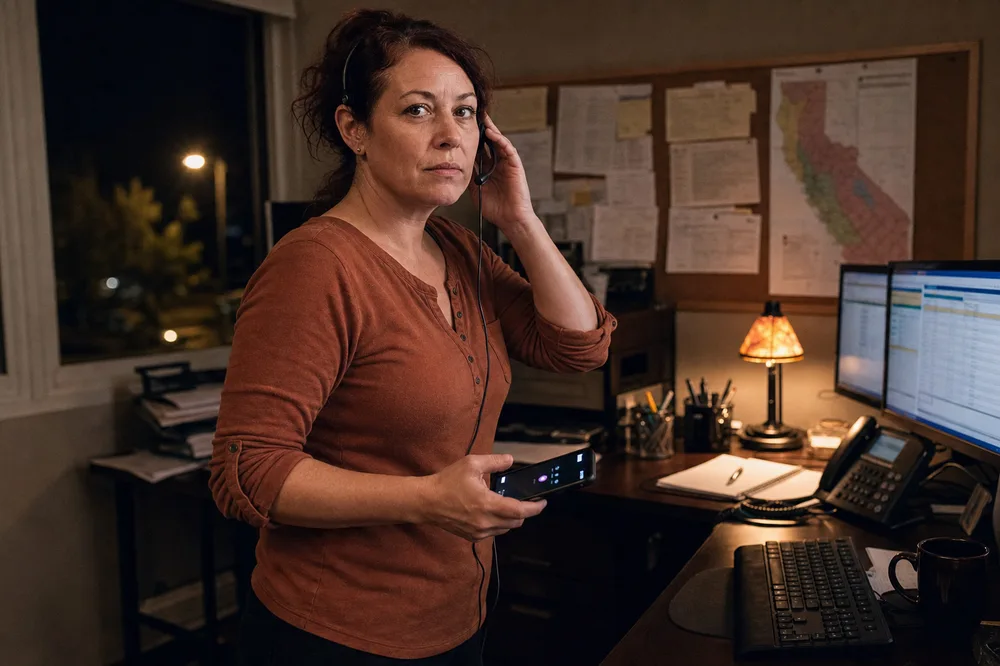 The Wirewoman standing at her desk at night, headset pressed to her ear, dialing a cell phone to escalate an emergency call