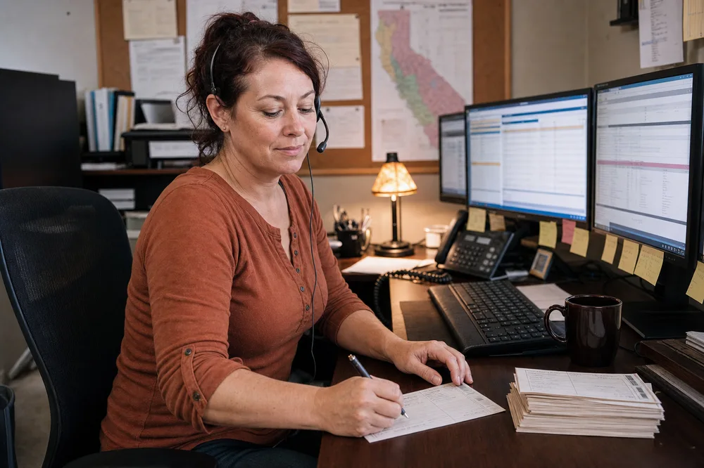 The Wirewoman mid-shift at her dispatch desk, writing on a paper job ticket between calls, sticky notes on her monitors
