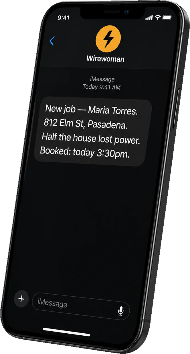 Wirewoman SMS job summary on a phone
